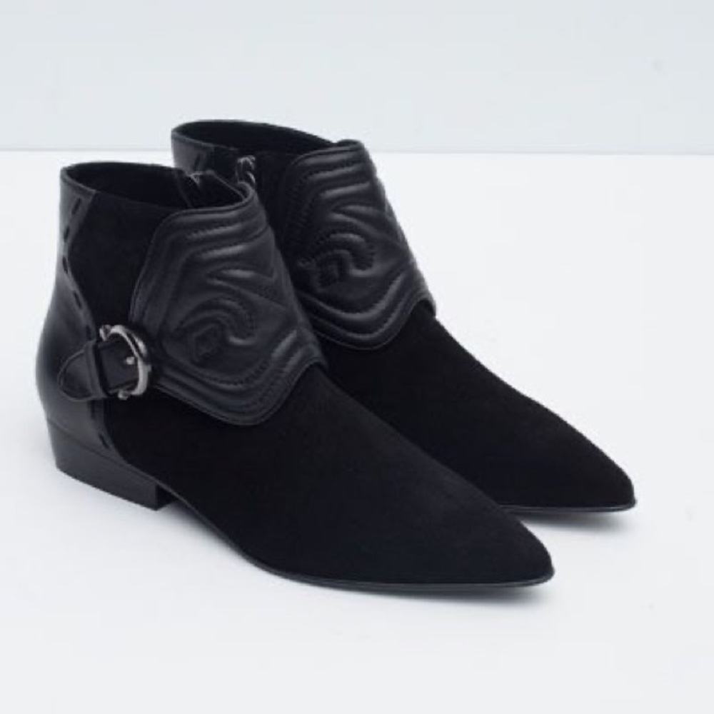 Zara Suede Quited Black Ankle Boots Western Size 37 Winter Boots